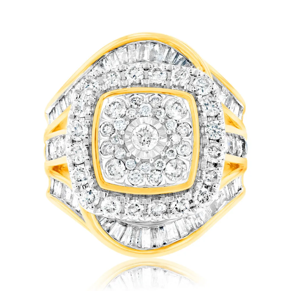 9ct Yellow Gold "3 Carats Look" TW 2 Carat Diamond Ring with Brilliant and Tapered Baguette Diamonds Shiels