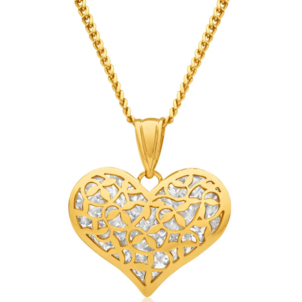 9ct Yellow Gold Silver Filled Diamond Cut Heart Pendant Shiels