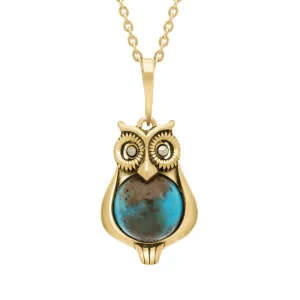 9ct Yellow Gold Turquoise Marcasite Small Owl Necklace