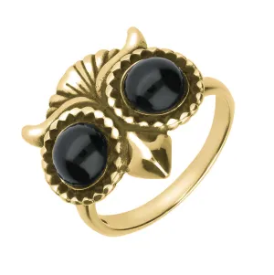 9ct Yellow Gold Whitby Jet Owl Eyes Ring