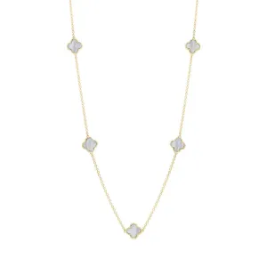 9ct Yellow Gold White Mother of Pearl Bloom Four Leaf Clover Ball Edge Necklace