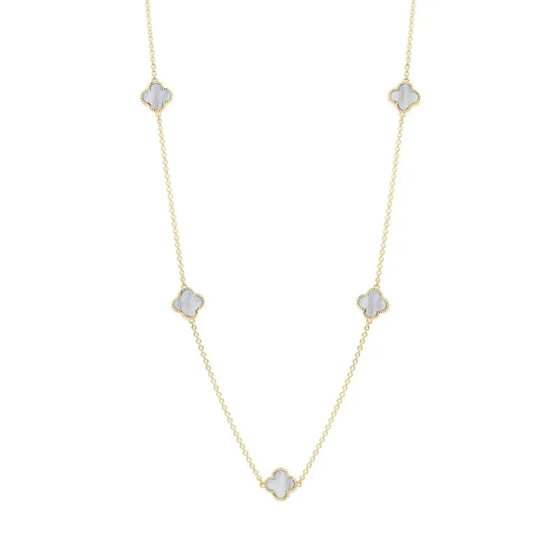 9ct Yellow Gold White Mother of Pearl Bloom Four Leaf Clover Ball Edge Necklace