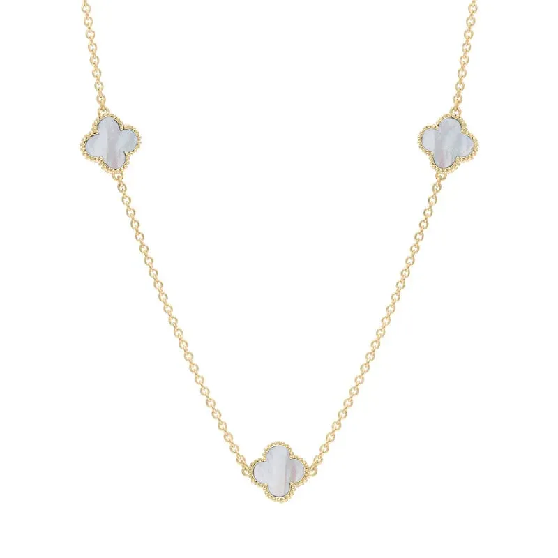 9ct Yellow Gold White Mother of Pearl Bloom Four Leaf Clover Ball Edge Necklace