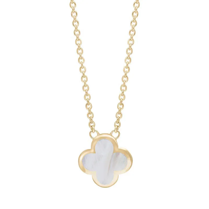 9ct Yellow Gold White Mother of Pearl Bloom Small Four Leaf Clover Polished Edge Pendant