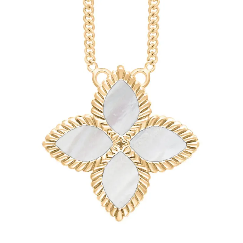 9ct Yellow Gold White Mother of Pearl Eden Large Marquise Flower Necklace