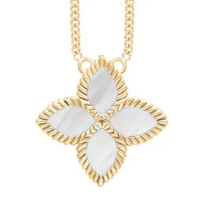 9ct Yellow Gold White Mother of Pearl Eden Large Marquise Flower Necklace