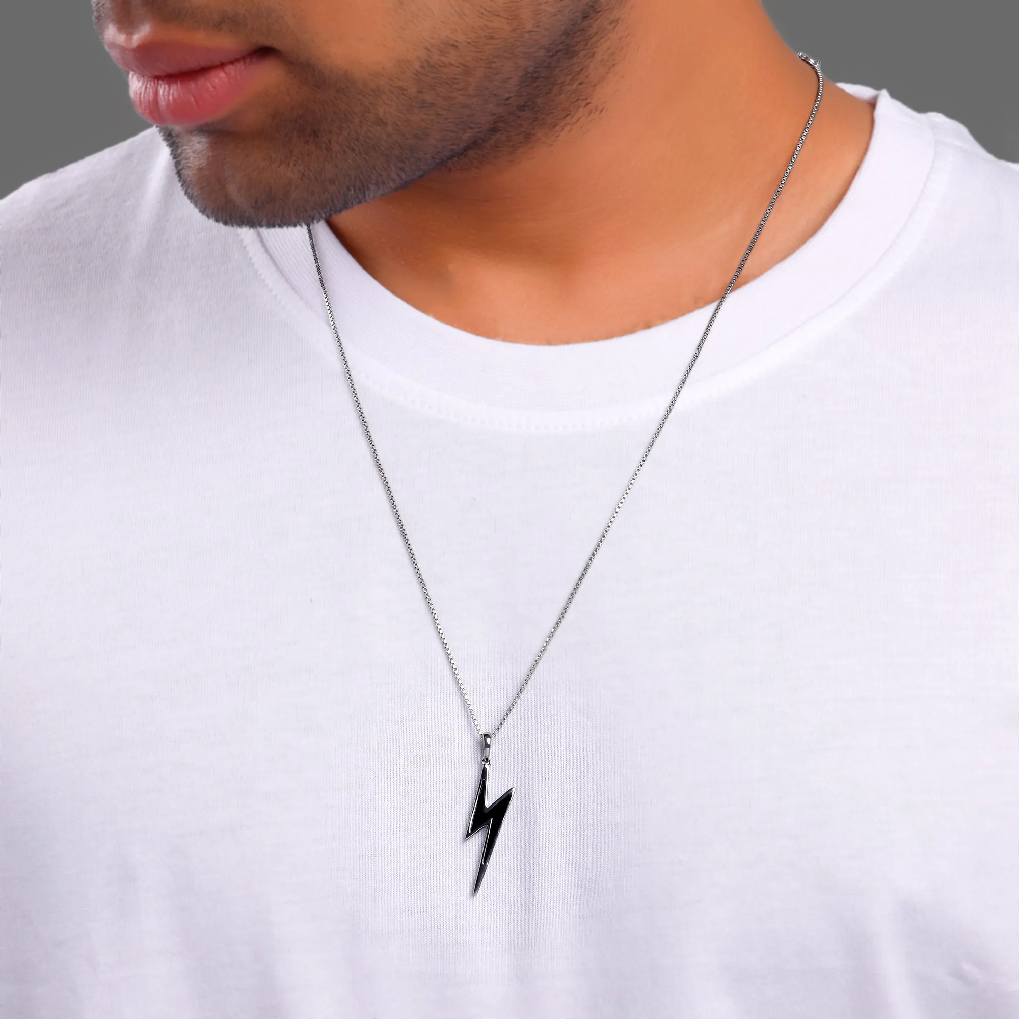 Black Rhodium Thunder Pendant With Box Chain For Him Giva