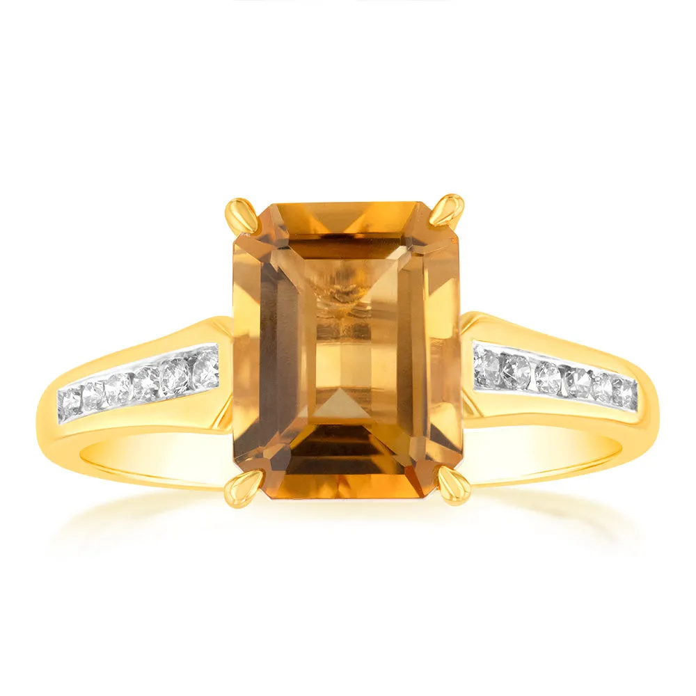 Citrine Emerald Cut and Channel Set Diamond Ring in 9ct Yellow Gold Shiels