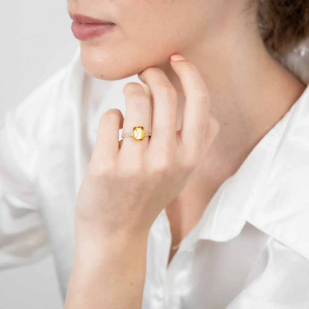 Citrine Emerald Cut and Channel Set Diamond Ring in 9ct Yellow Gold Shiels