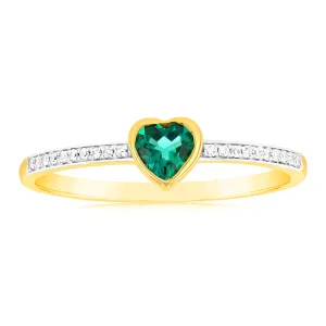 Created Emerald & Heart Shaped Diamond Ring in 9ct Yellow Gold Shiels
