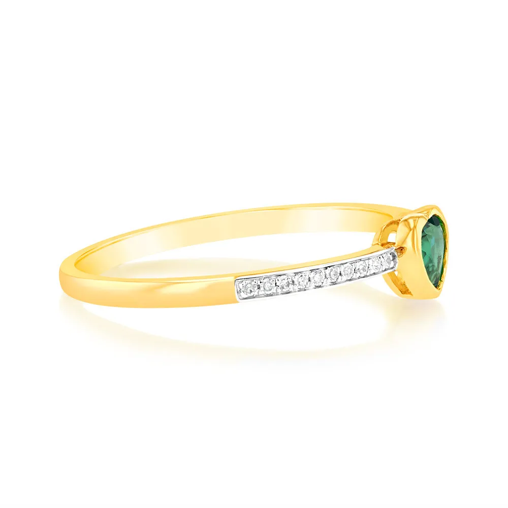 Created Emerald & Heart Shaped Diamond Ring in 9ct Yellow Gold Shiels