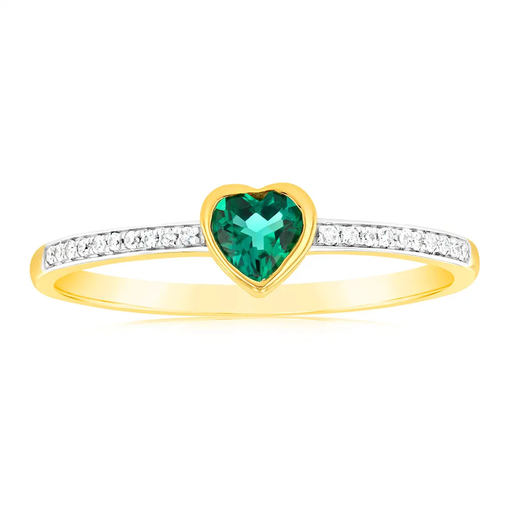 Created Emerald & Heart Shaped Diamond Ring in 9ct Yellow Gold Shiels