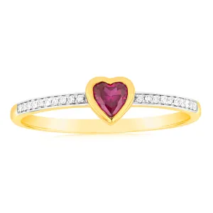 Created Ruby & Heart Shaped Diamond Ring in 9ct Yellow Gold Shiels