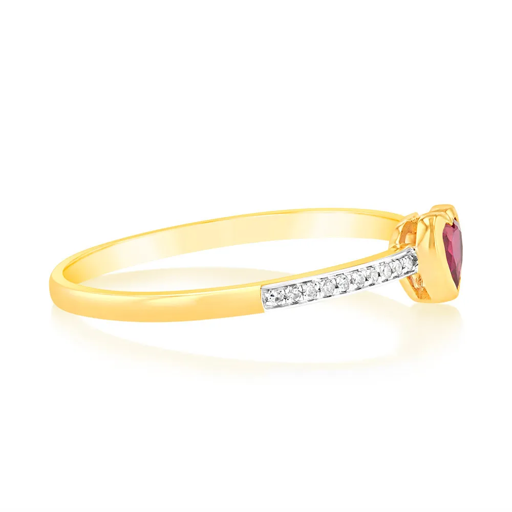 Created Ruby & Heart Shaped Diamond Ring in 9ct Yellow Gold Shiels