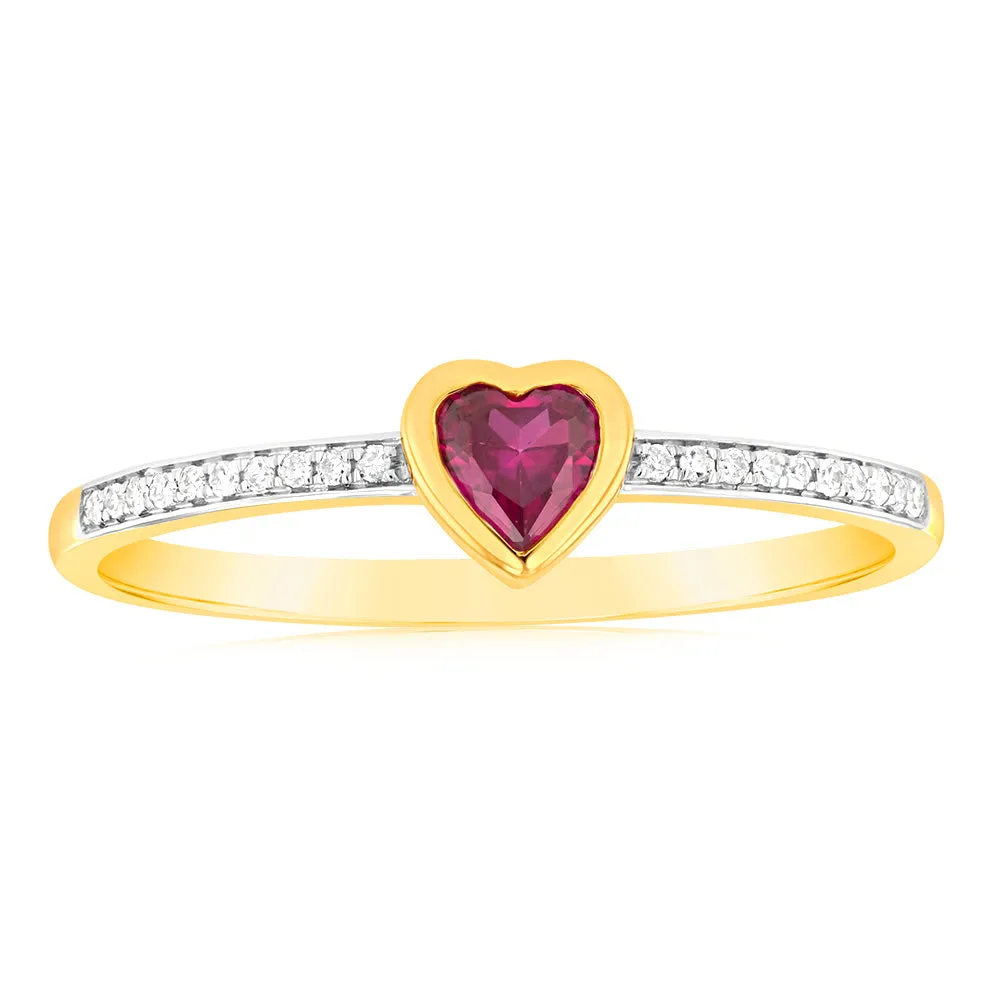 Created Ruby & Heart Shaped Diamond Ring in 9ct Yellow Gold Shiels