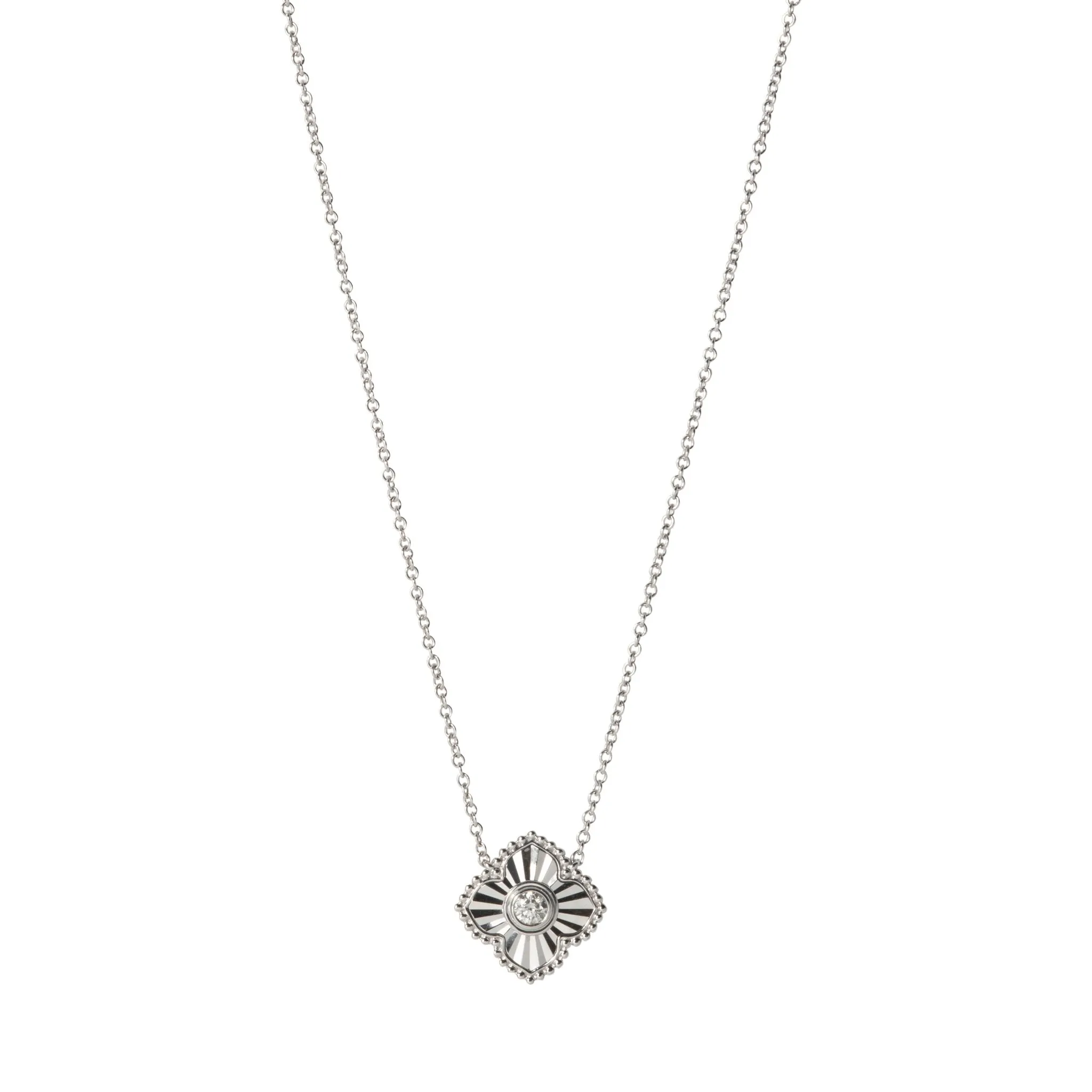 Diamond 14K White Gold Fluted Quatrefoil Pendant Necklace Croghans