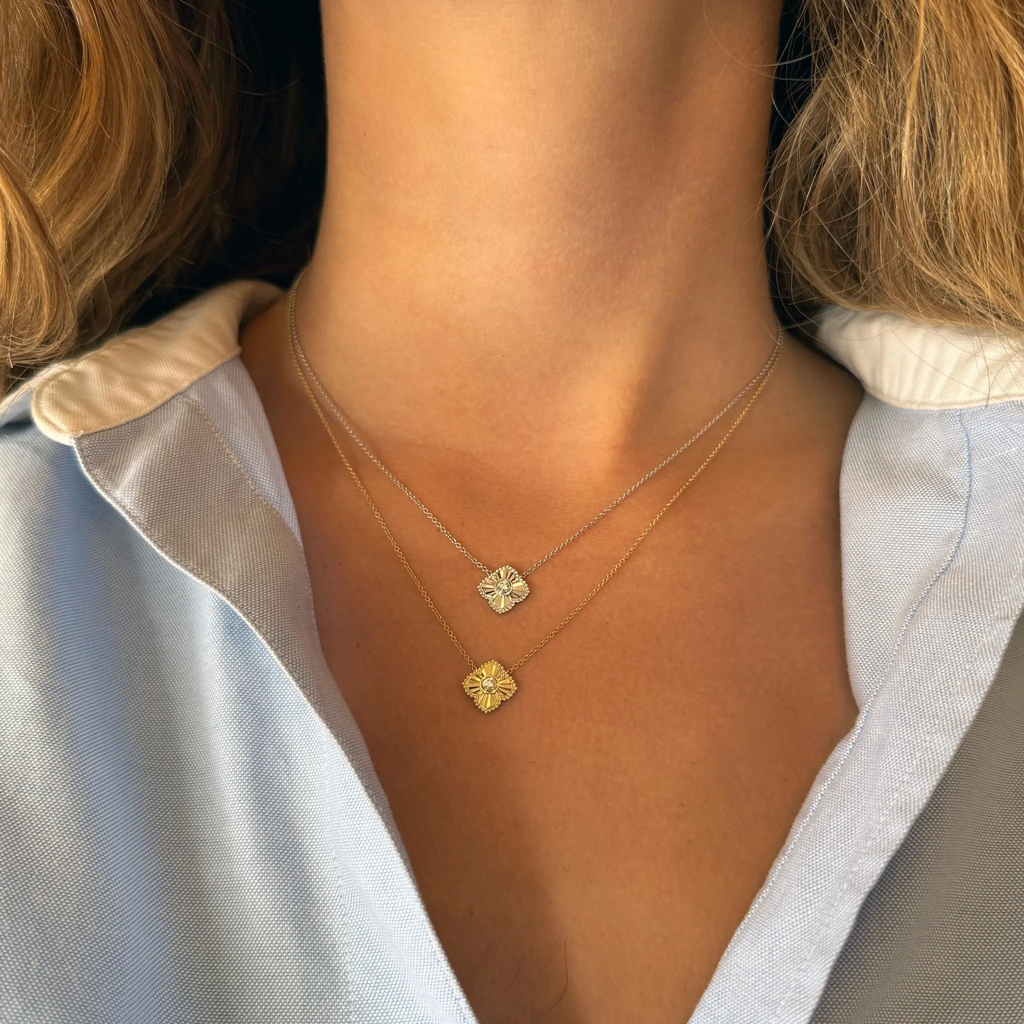 Diamond 14K Yellow Gold Fluted Quatrefoil Pendant Necklace Croghans