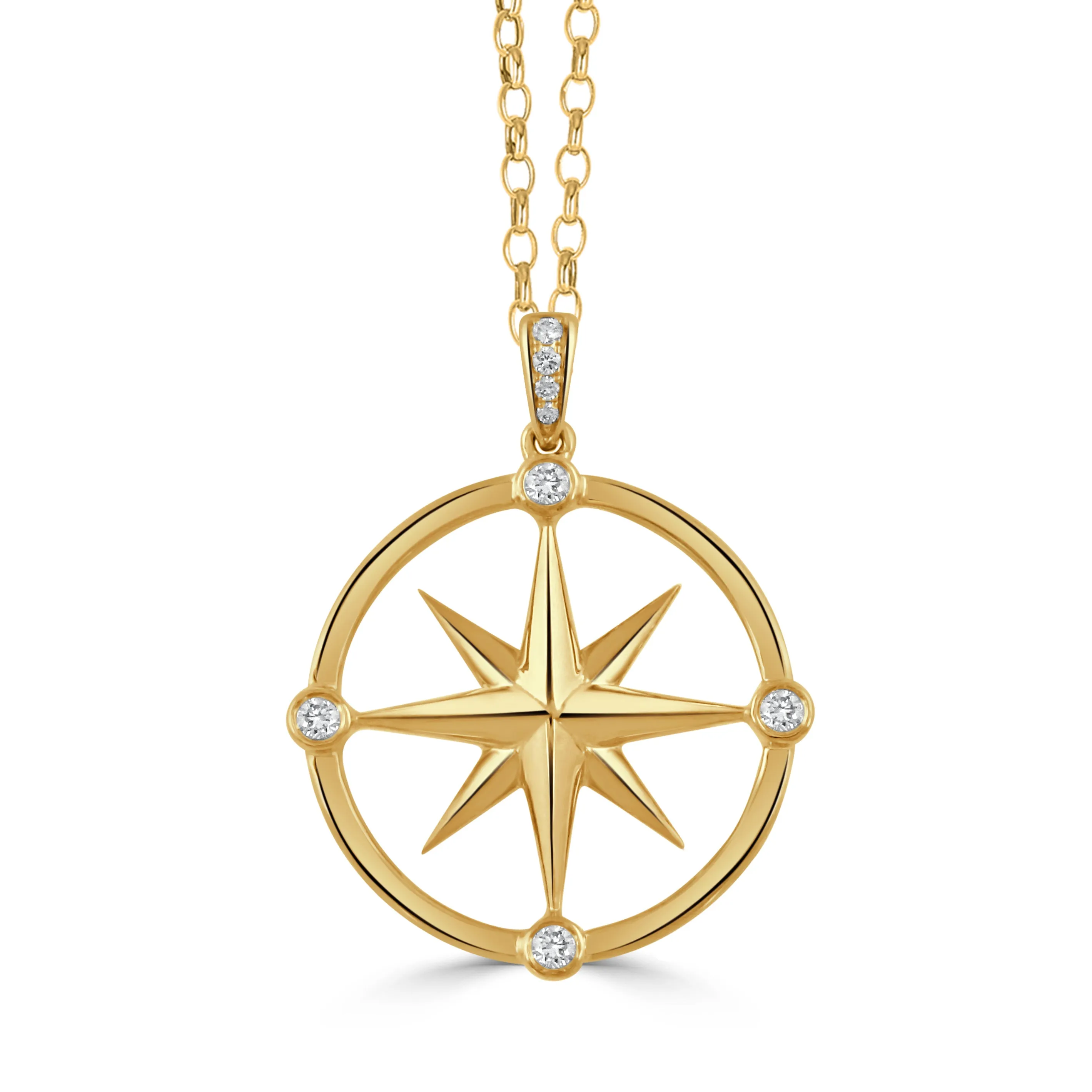 Diamond 18K Gold Starburst Compass Rose Pendant Necklace Croghans