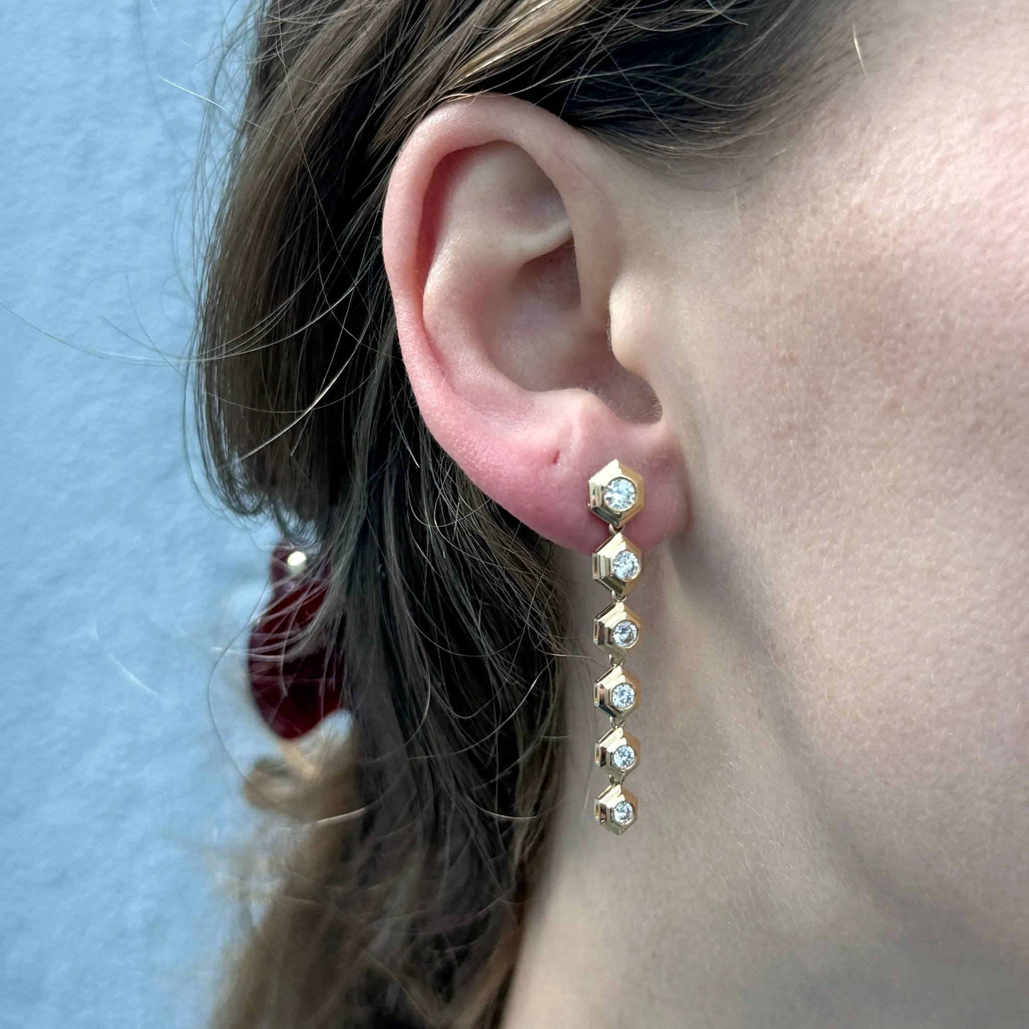 Diamond 18K Yellow Gold Hexagon Linear Drop Earrings Croghans