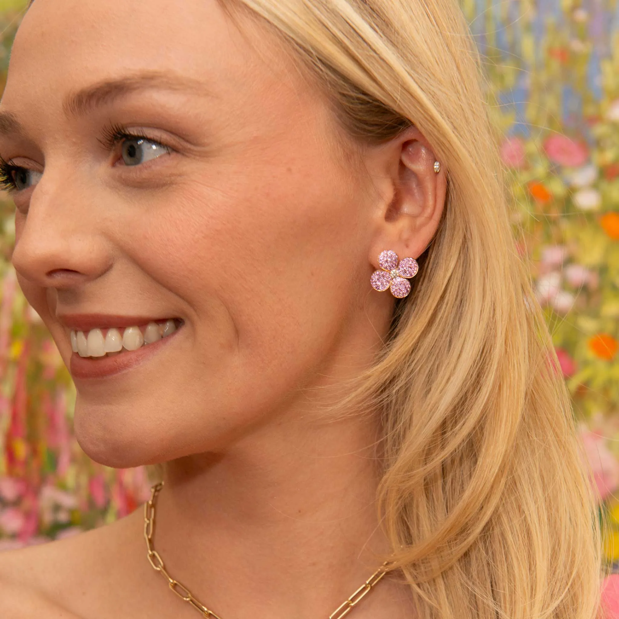 Diamond & Pink Sapphire Pav 18K Rose Gold Flower Earrings Croghans