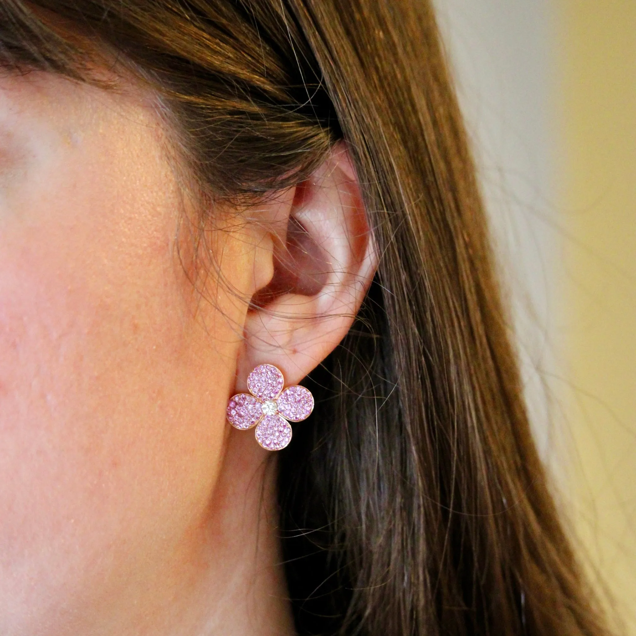 Diamond & Pink Sapphire Pav 18K Rose Gold Flower Earrings Croghans