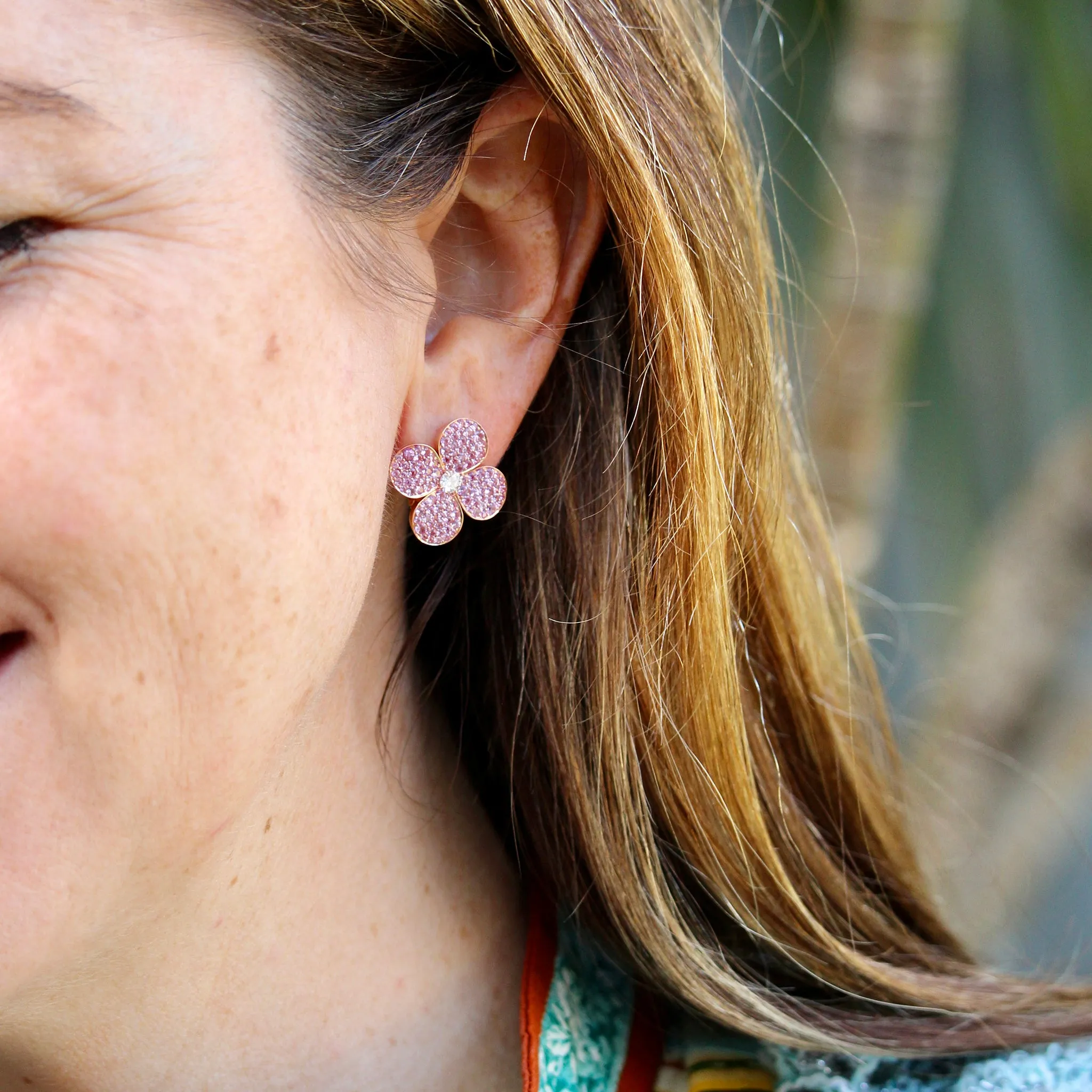 Diamond & Pink Sapphire Pav 18K Rose Gold Flower Earrings Croghans