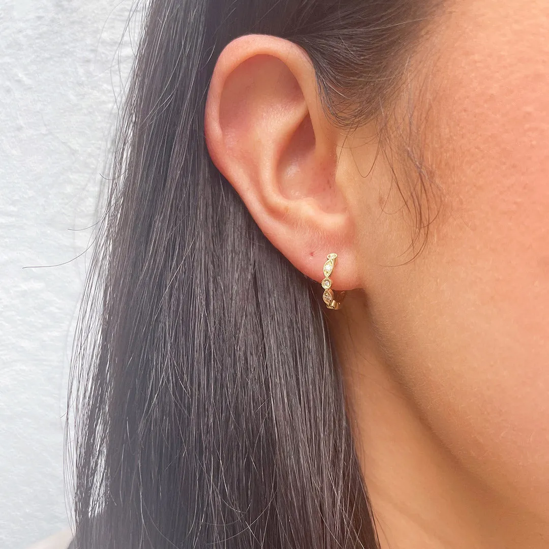 Diamond Milgrain 14K Yellow Gold Huggie Hoop Earrings Croghans