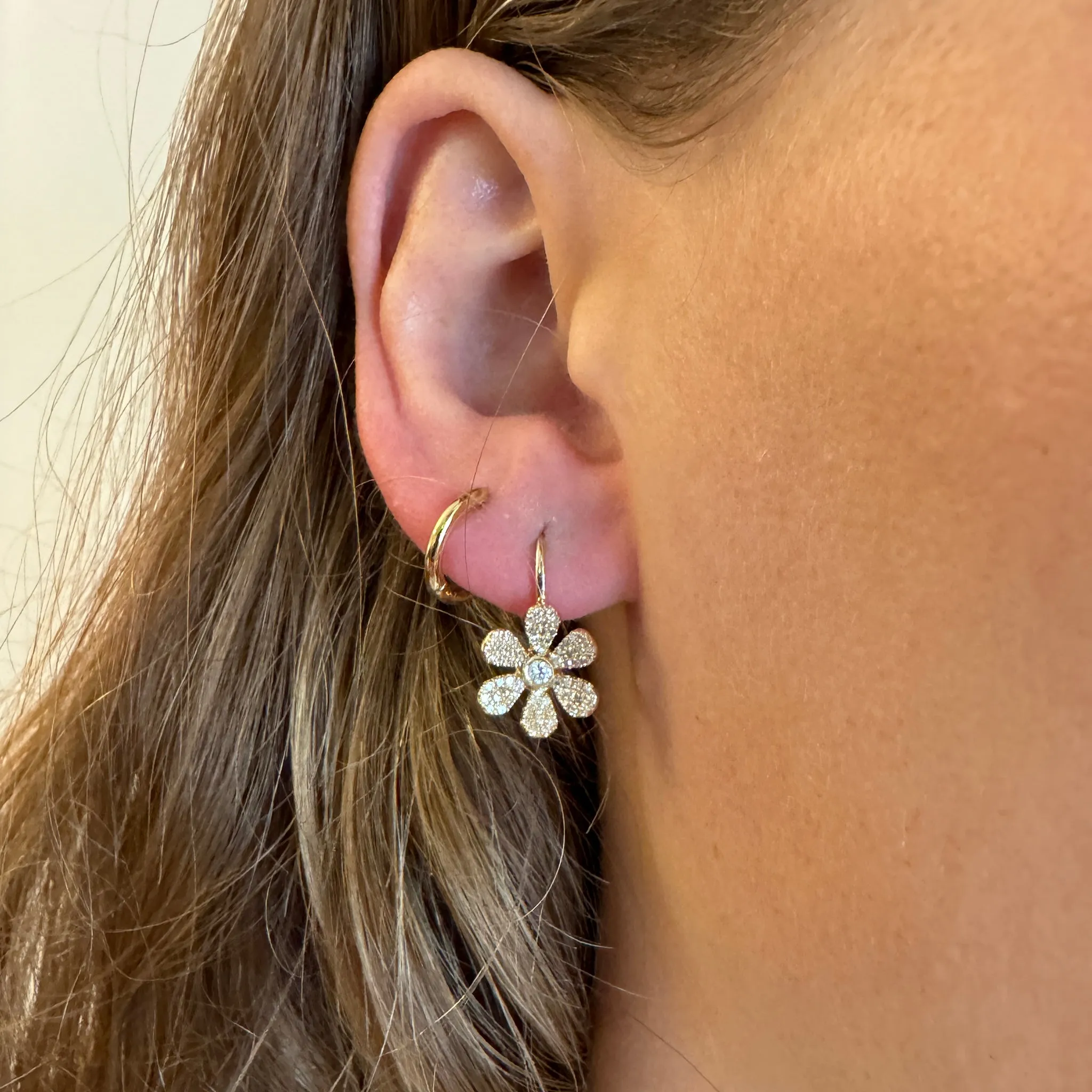 Diamond Pav Flower 14K Yellow Gold Leverback Earrings Croghans