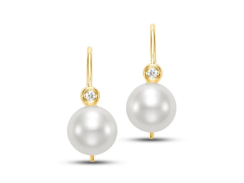Freshwater Pearl & Diamond Bezel 14K Yellow Gold Drop Earrings Croghans