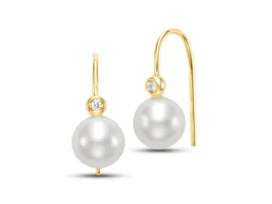 Freshwater Pearl & Diamond Bezel 14K Yellow Gold Drop Earrings Croghans