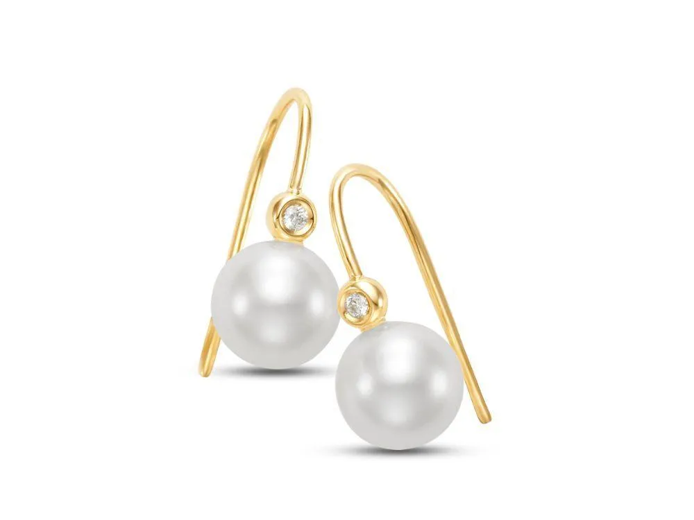 Freshwater Pearl & Diamond Bezel 14K Yellow Gold Drop Earrings Croghans