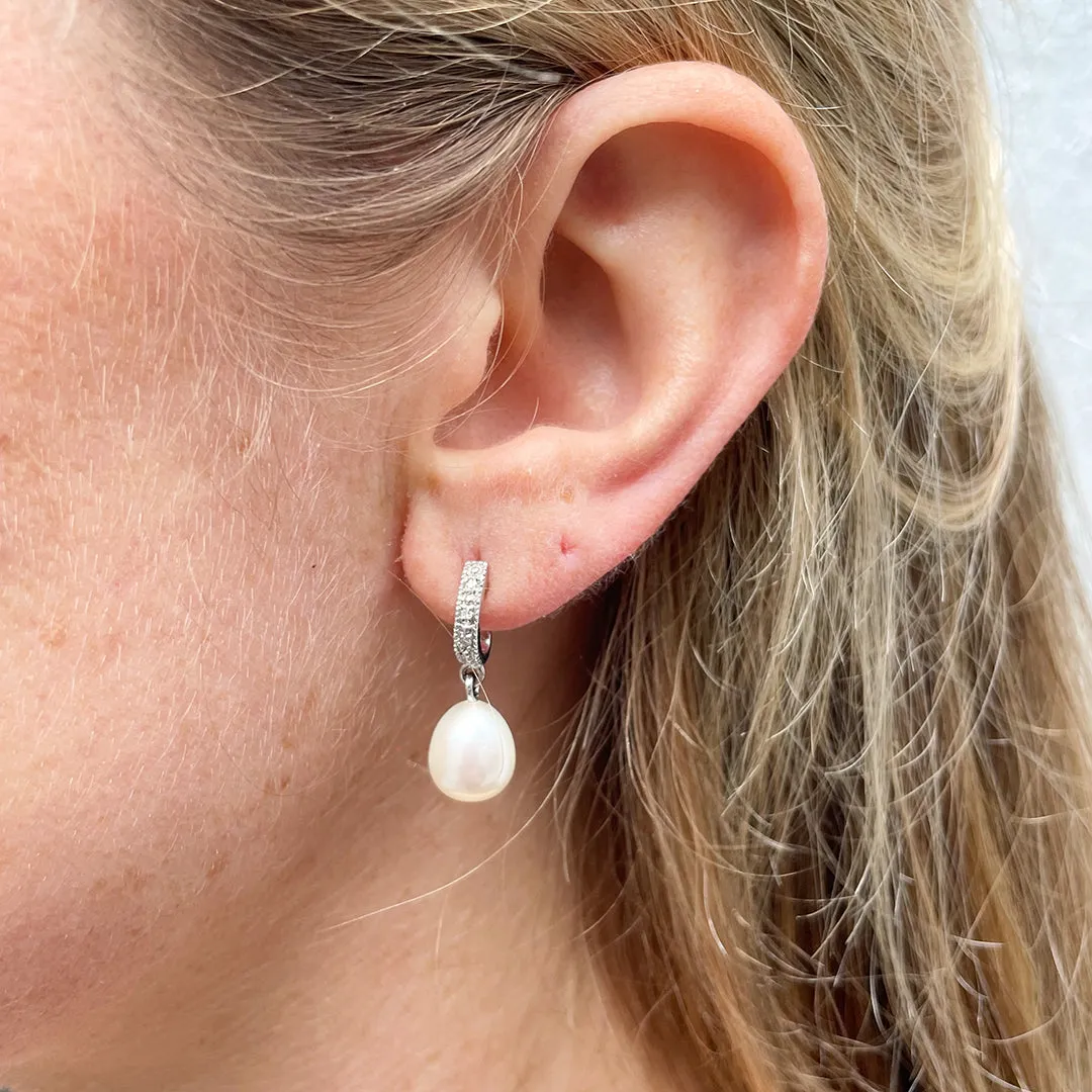 Freshwater Pearl & Diamond Sterling Silver Drop Earrings Croghans