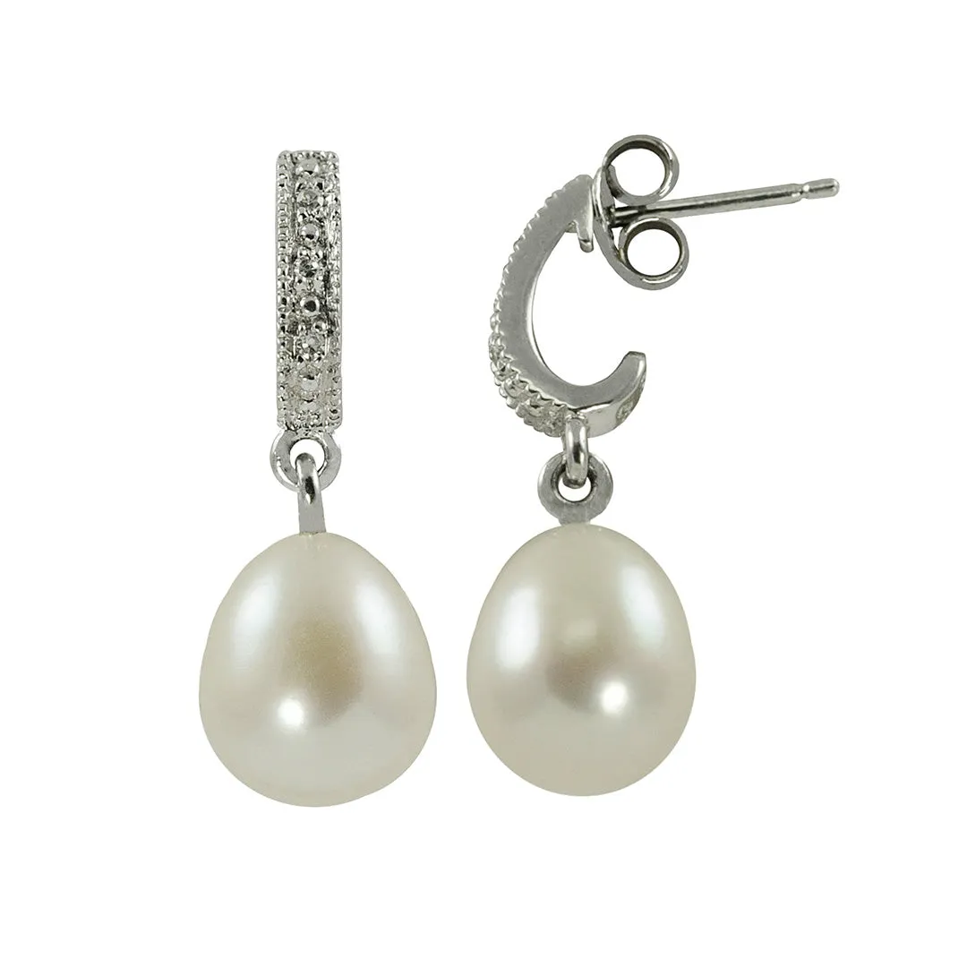 Freshwater Pearl & Diamond Sterling Silver Drop Earrings Croghans