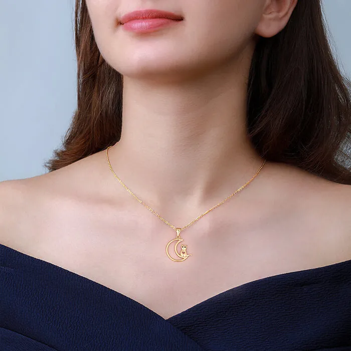 Golden Cat In Crescent Moon Pendant with Link Chain Giva