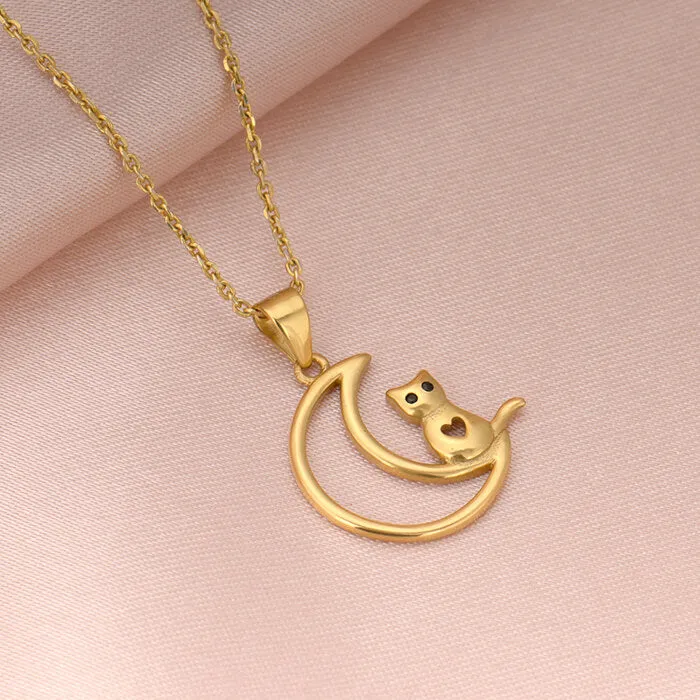 Golden Cat In Crescent Moon Pendant with Link Chain Giva