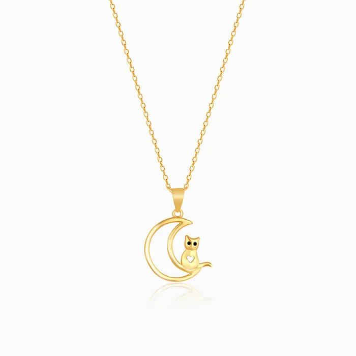 Golden Cat In Crescent Moon Pendant with Link Chain Giva