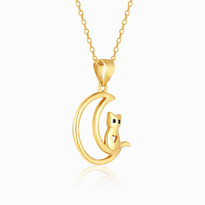 Golden Cat In Crescent Moon Pendant with Link Chain Giva