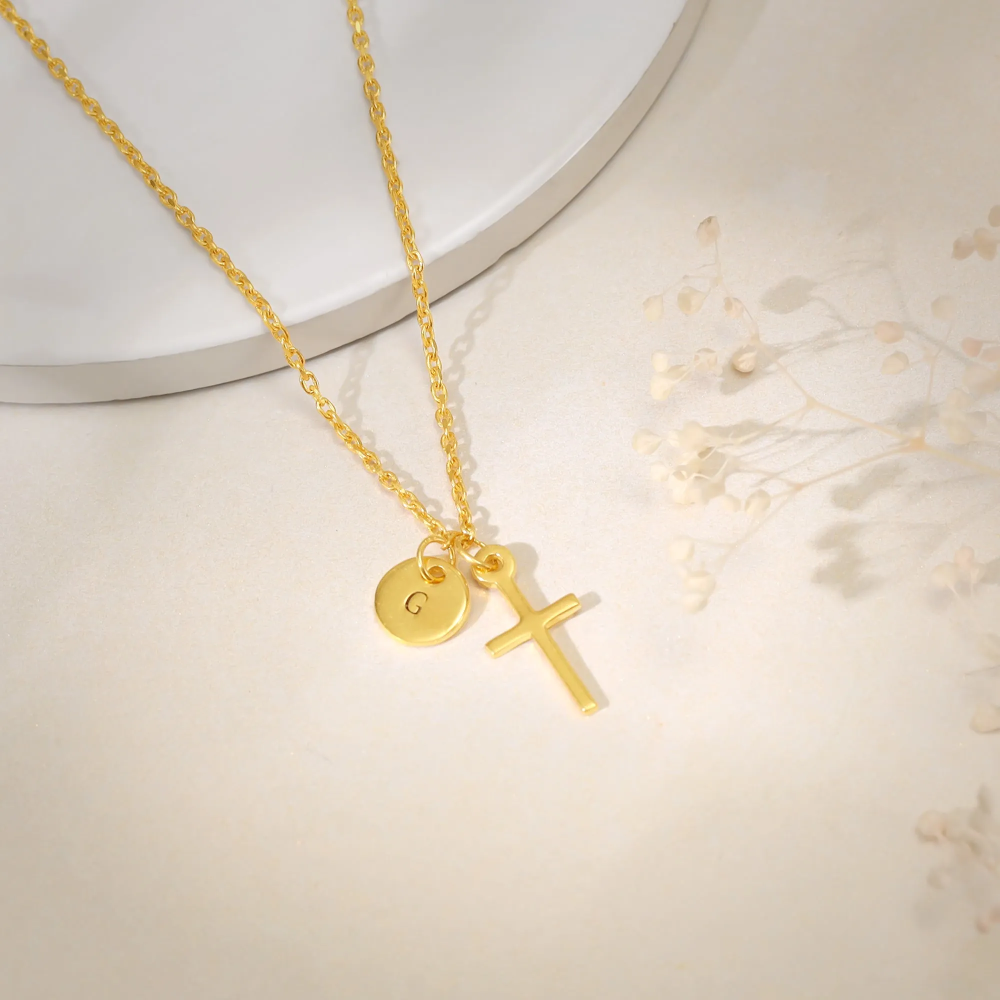 Golden Personalised Halo Cross Pendant With Link Chain Giva