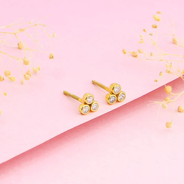Golden Three-Stoned Stud  Earrings Giva