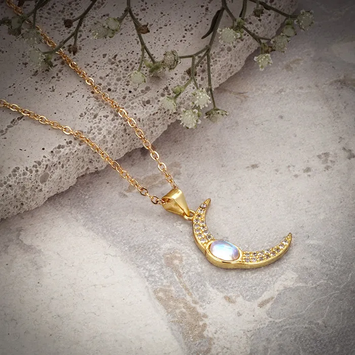 Golden Zircon Moon Pendant With Link Chain Giva