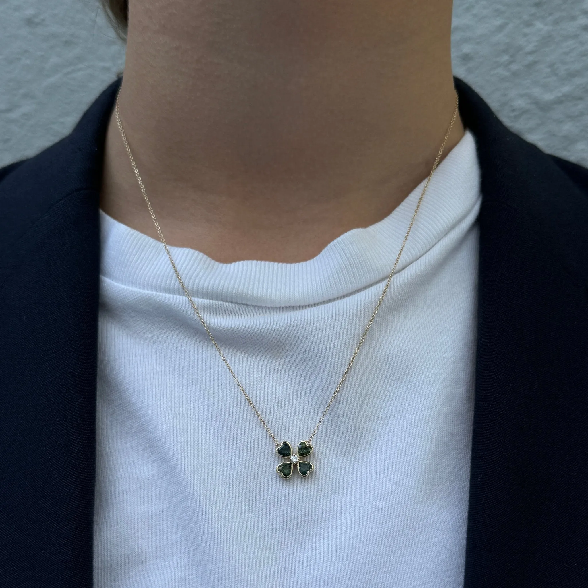 Green Sapphire & Diamond 14K Gold Four Leaf Clover Necklace Croghans