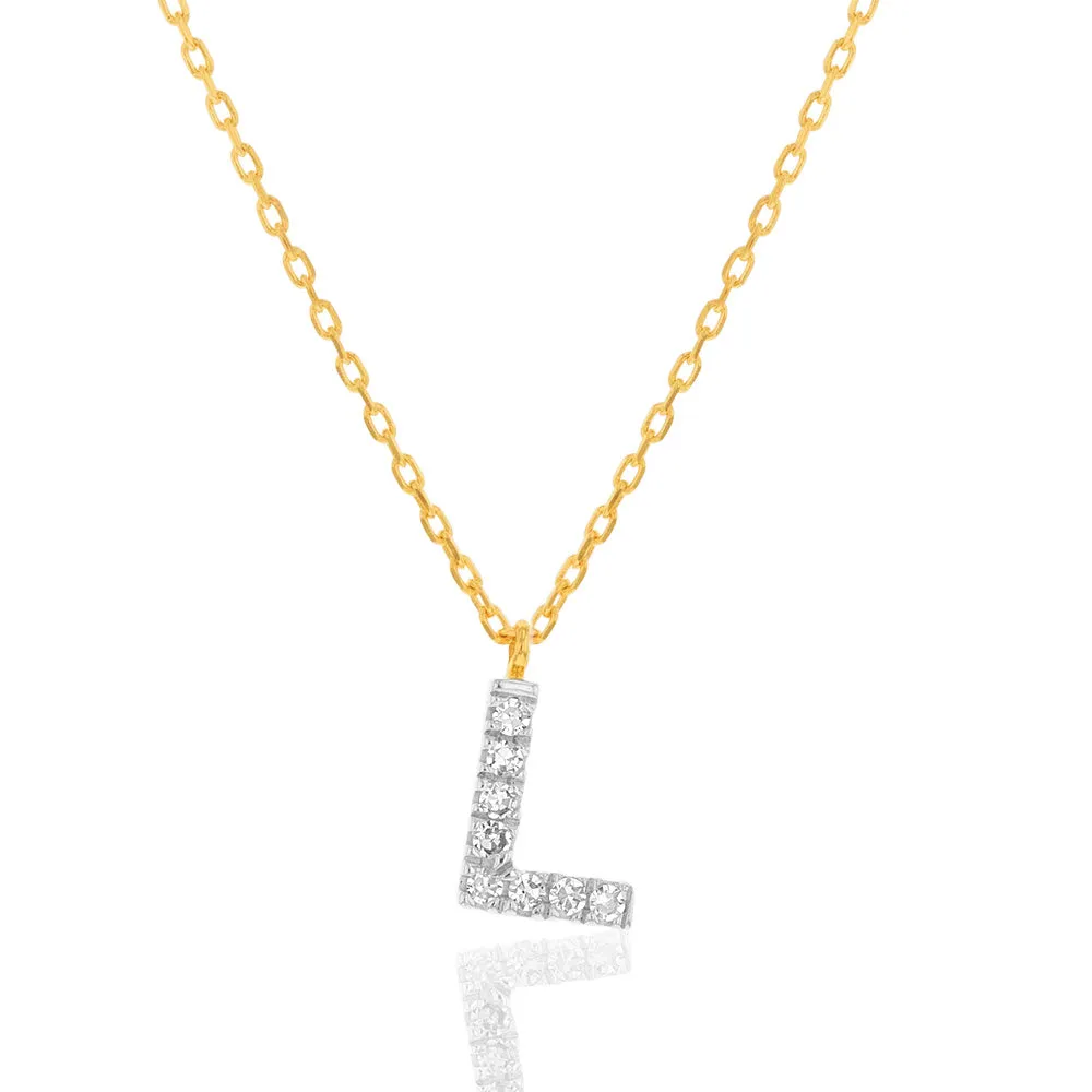 Luminesce Lab Diamond L Initial Pendant in 9ct Yellow Gold with Adjustable 42cm Chain Shiels