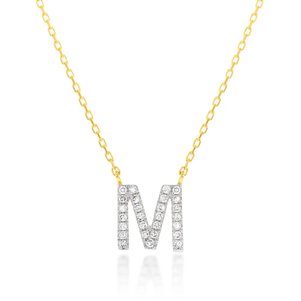 Luminesce Lab Diamond M Initial Pendant in 9ct Yellow Gold with Adjustable 45cm Chain Shiels