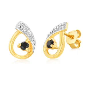 Natural Dark Round Sapphire 2.5mm & Small Diamond Stud Earrings in 9ct Yellow Gold Shiels