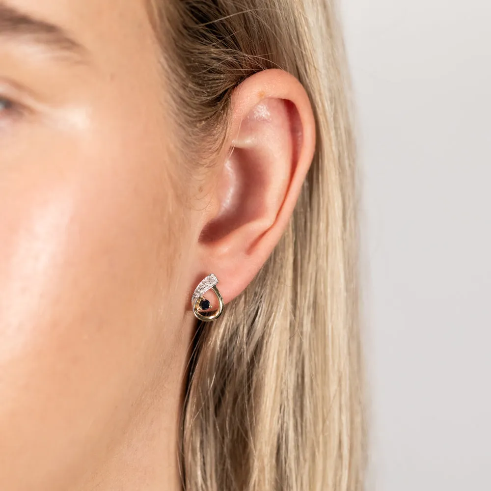 Natural Dark Round Sapphire 2.5mm & Small Diamond Stud Earrings in 9ct Yellow Gold Shiels