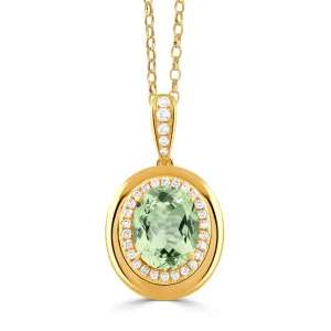 Oval Green Amethyst & Diamond 18K Yellow Gold Pendant Necklace Croghans