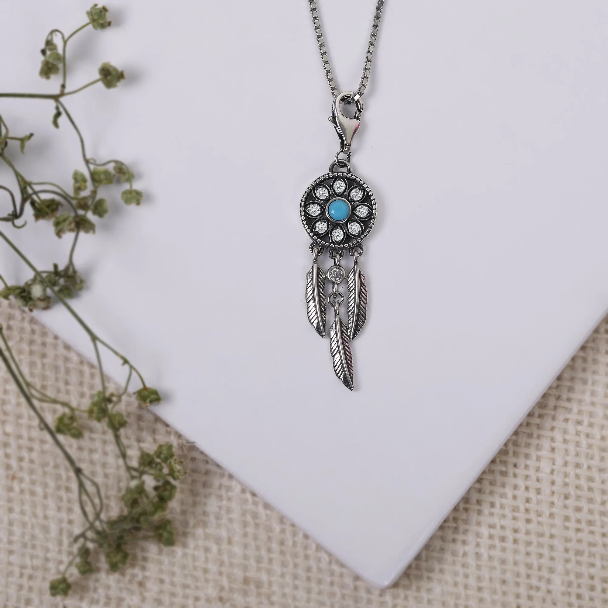 Oxidised Silver Dream Catcher Pendant With Box Chain Giva