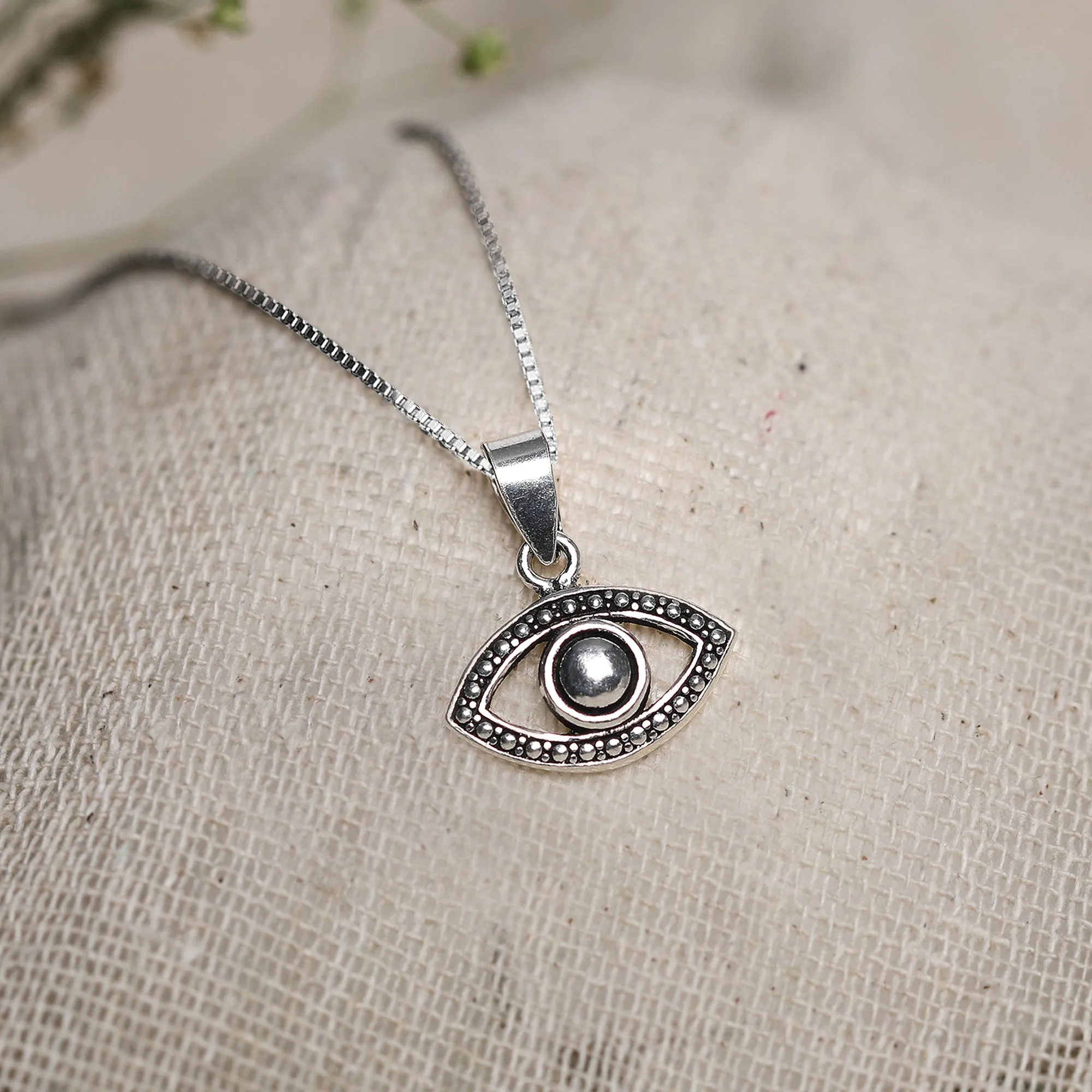 Oxidised Silver Evil Eye Pendant with Box Chain Giva
