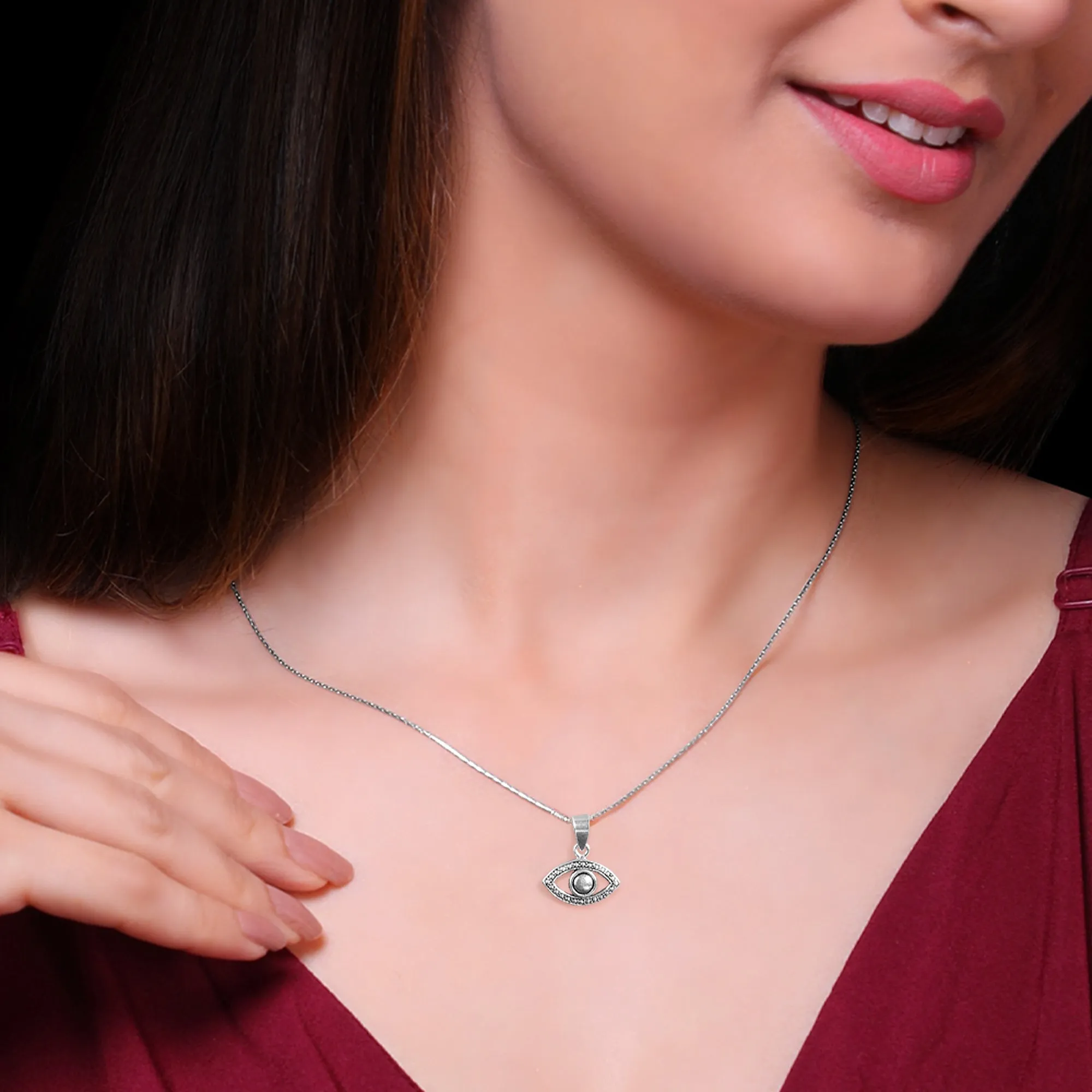 Oxidised Silver Evil Eye Pendant with Box Chain Giva