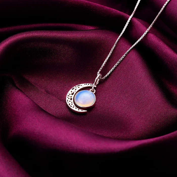 Oxidised Silver Moonstone Crescent Pendant with Box Chain Giva
